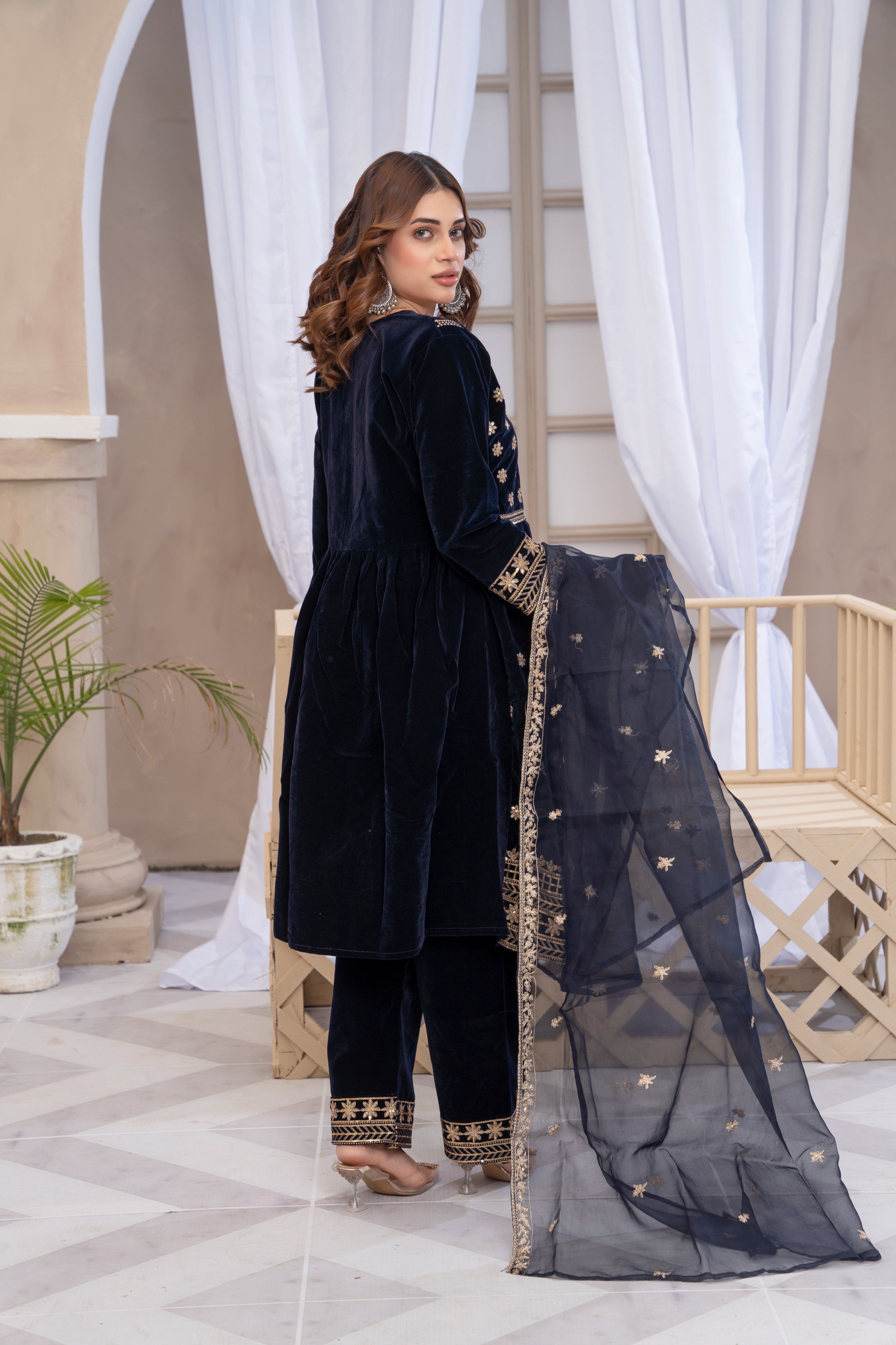 3 Piece - Embroidered Velvet Suit